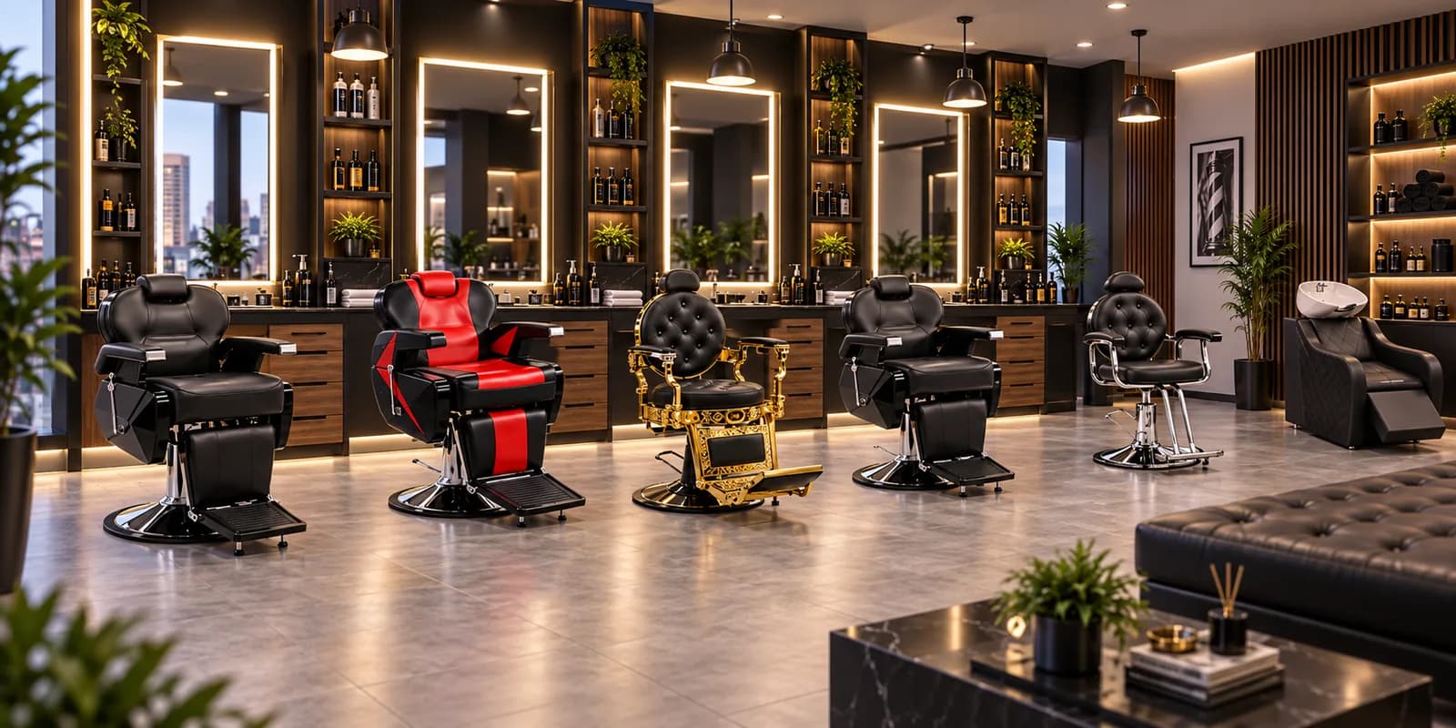 Mobiliario ELESS en barbería profesional para presupuesto barbería 5 sillas.