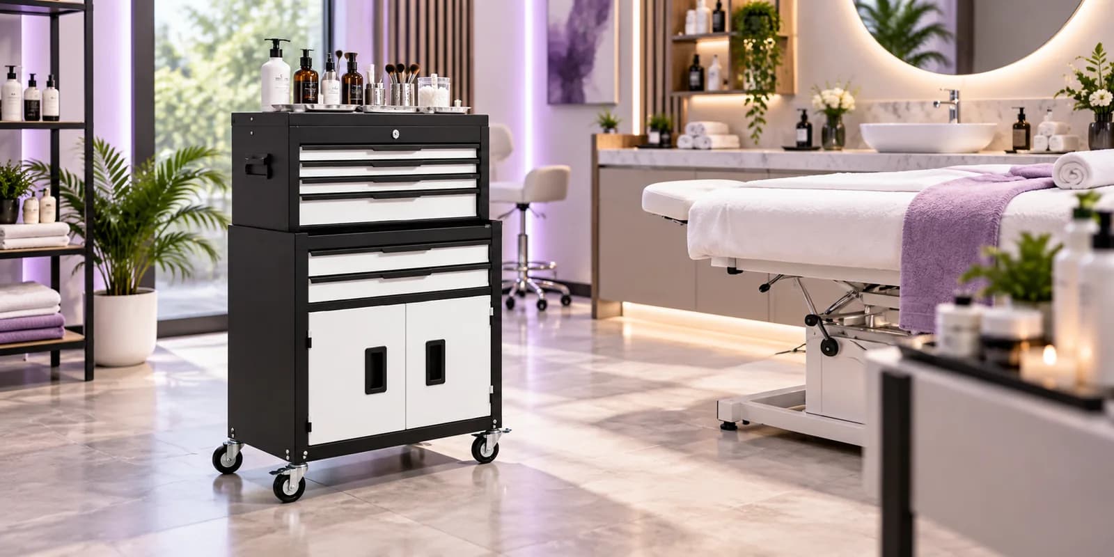 Mobiliario ELESS en salón de belleza para estación de peluquería.