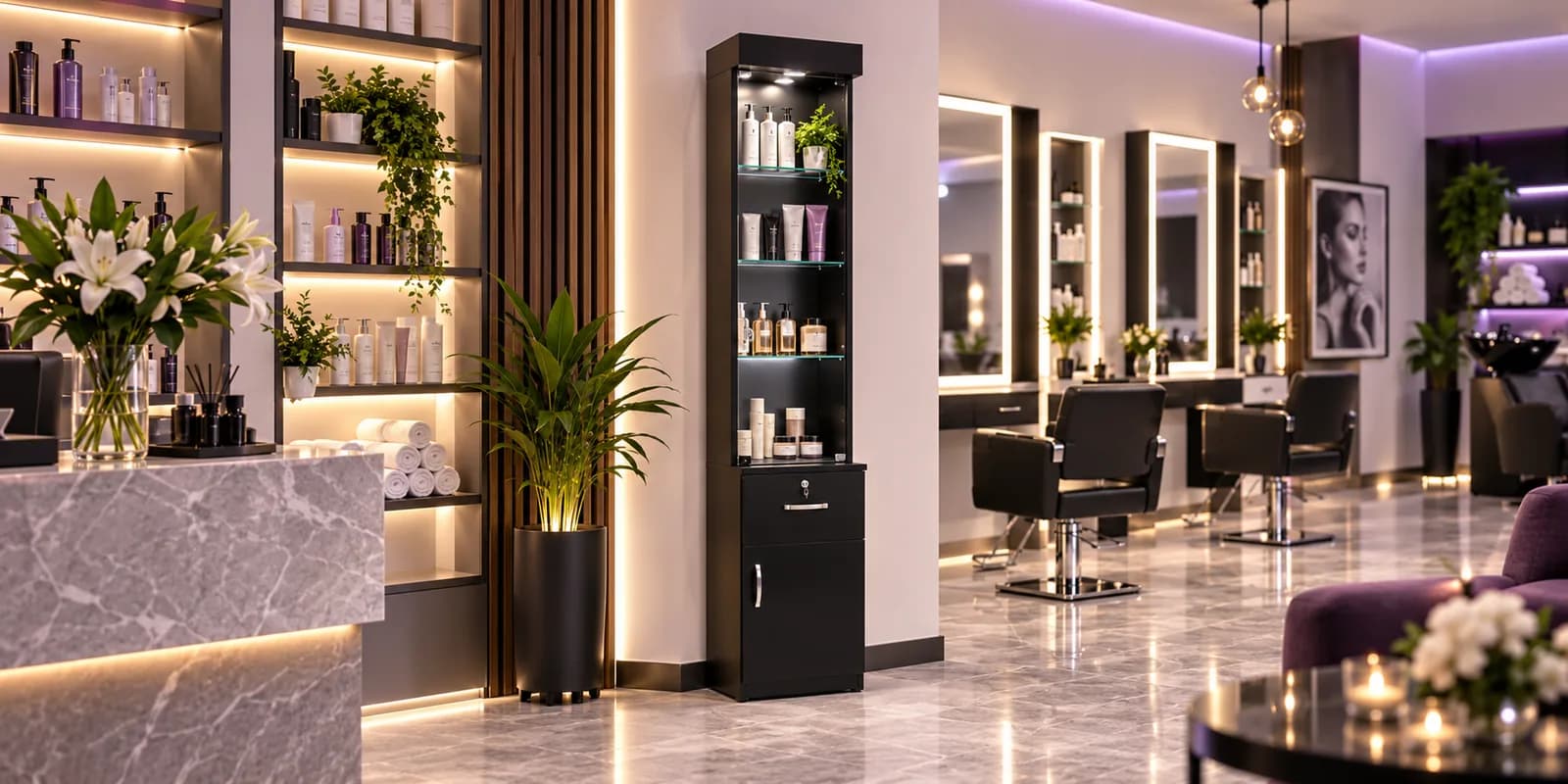 Mobiliario ELESS en salón de belleza para distribución salón de belleza pequeño.