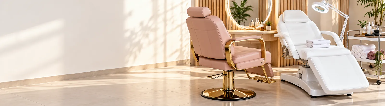 Sillón de salón rosa con base dorada frente a un espejo LED y camilla facial blanca