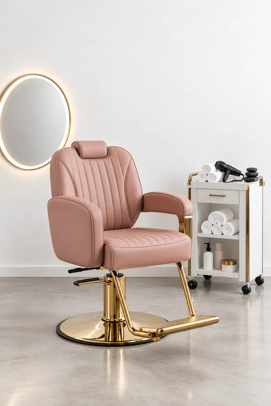 Sillón de salón rosa con base dorada, espejo LED y carrito con toallas